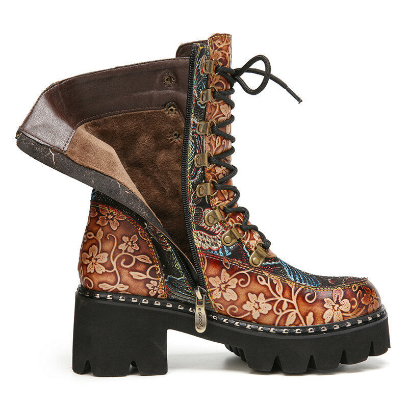 Retro Round Toe Embossing Floral Embroidery Cloth Leather Splicing Wearable Short Boots