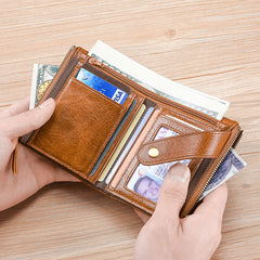 Men Genuine Leather RFID Anti-magnetic Wallet Purse Bifold Double Zipper Coin Purse Card Case