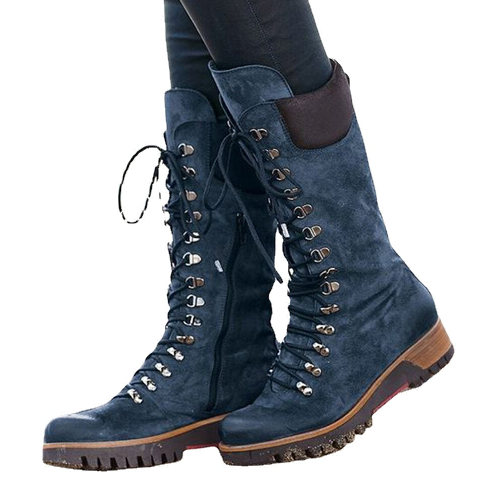 Plus Size Women Wearable Suede Side Zipper Mid Calf Combat Boots