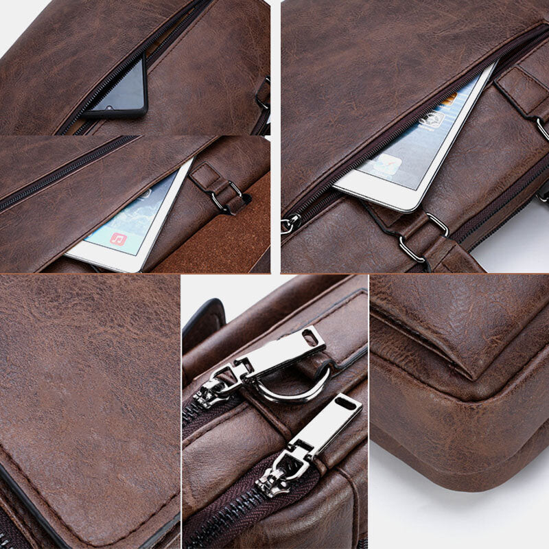 Men PU Leather Multifunction Anti-Theft Vintage Business Messenger Bag Crossbody Bag Handbag Shoulder Bag