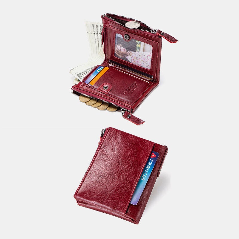 Genuine Leather Multifunction Multi-slot Double Zipper Casual Brief Solid Color Card Holder Wallet