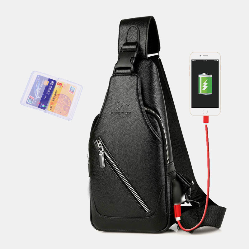 Men PU Leather USB Charging Waterproof Earphone Hole Business Crossbody Bag Chest Bag Sling Bag