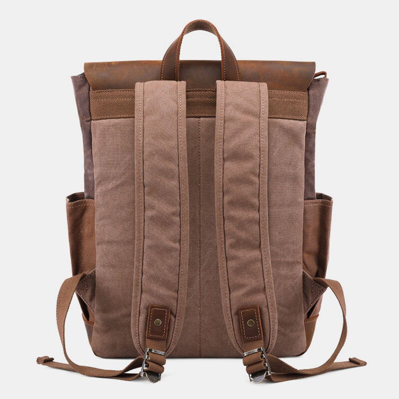 Men Oil Wax Canvas Multi-pocket Backpack Large Capacity Breathable Wear-resistant 14 Inch Laptop Bag