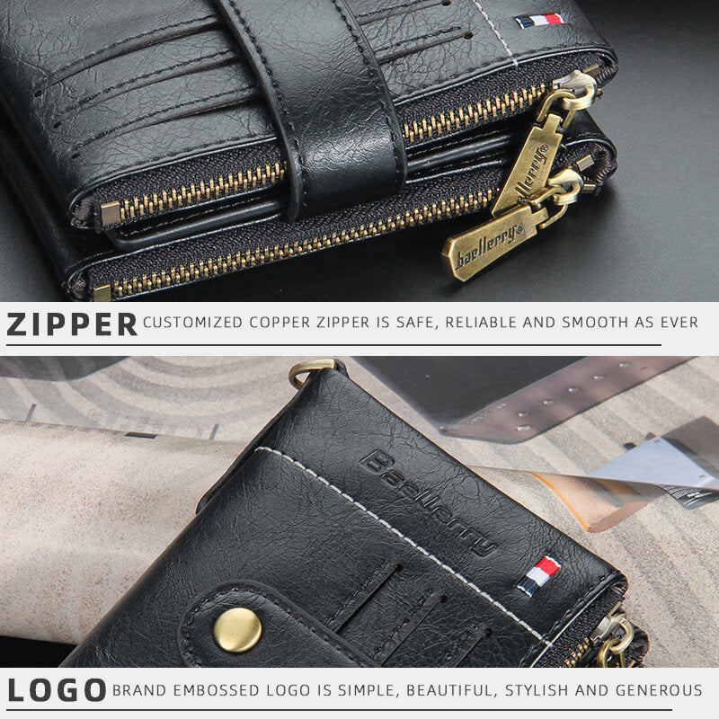 Men PU Leather Short Bifold Double Zipper Multi-card Slot Card Holder Retro Coin Purse Money Clip Wallet