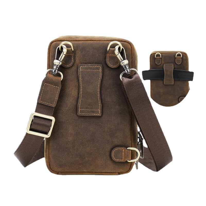 Men Vintage Genuine Leather Zip Side Convertible Straps Crossbody Bag Large Capacity Belt Bag Waist Bag