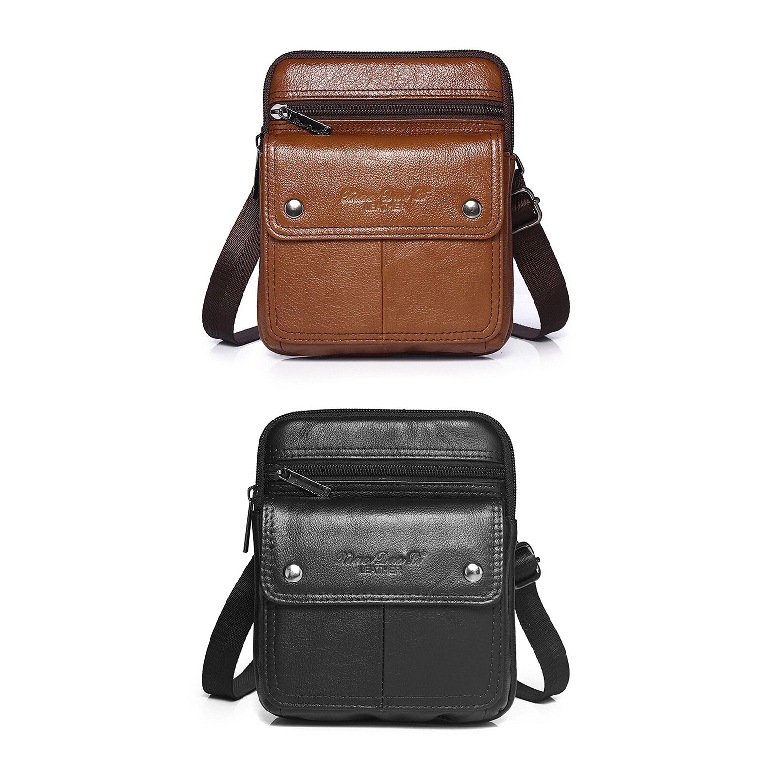 Men Cowhide Multi-compartment Zipper Shoulder Bag Crossbody Bag Outdoor Casual Vintage Messenger Bag