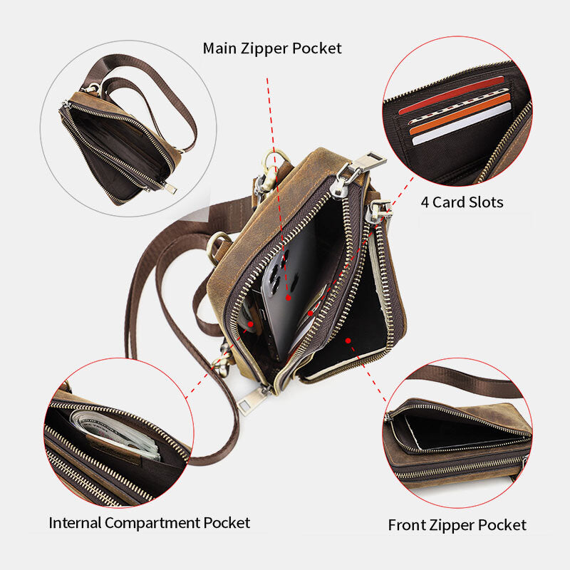 Men Vintage Genuine Leather Zip Side Convertible Straps Crossbody Bag Large Capacity Belt Bag Waist Bag