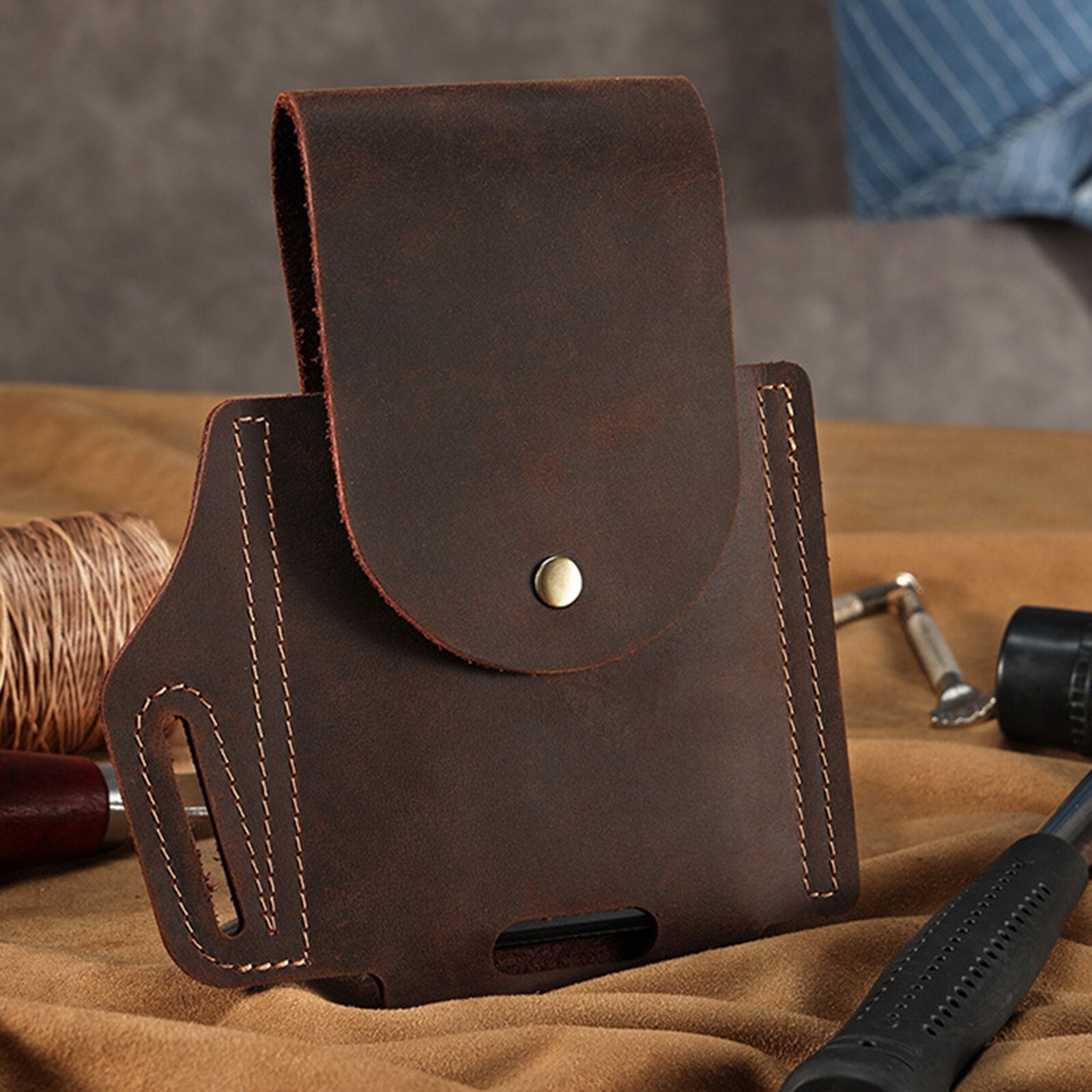 Men Genuine Leather Vintage EDC Waist Bag Short Phone Case Belt Bag