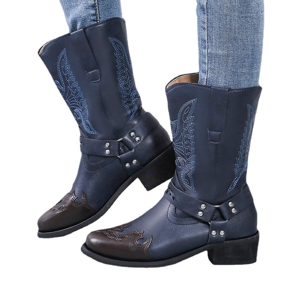 Women Retro Embroidery Leather England Style Pointy Toe Mid-calf Pull-on Casual Martin Knight Boots