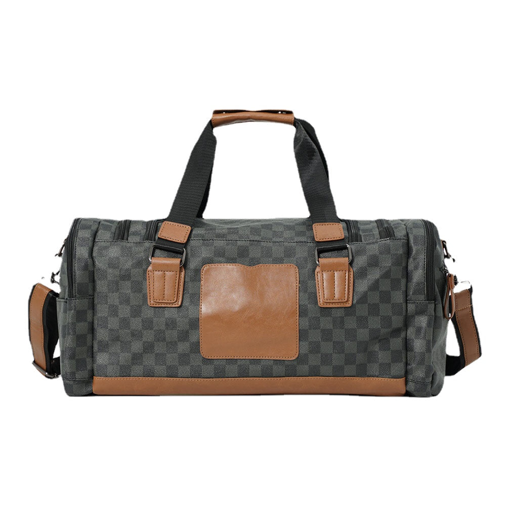 Men PU Leather Plaid Pattern Multifunction Handbag Fashion Multi-pocket Travel Bag Fitness Bag Crossbody Bag Shoulder Bag