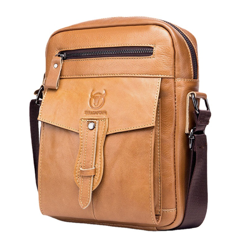 Men Genuine Leather Business Retro Solid Color Crossbody Bag Shoulder Bag