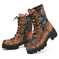 Retro Round Toe Embossing Floral Embroidery Cloth Leather Splicing Wearable Short Boots