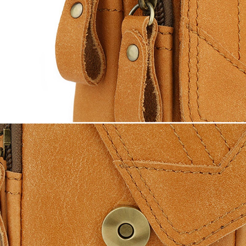 Men Soft Leather Double Layer 6.5 Inch Phone Bag Waist Retro Casual Wear Resistant Running Belt