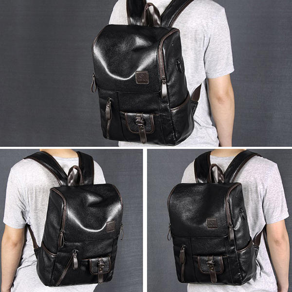 Men PU Leather Solid Vintage Large Capacity Backpack USB Charging Shoulder Bag