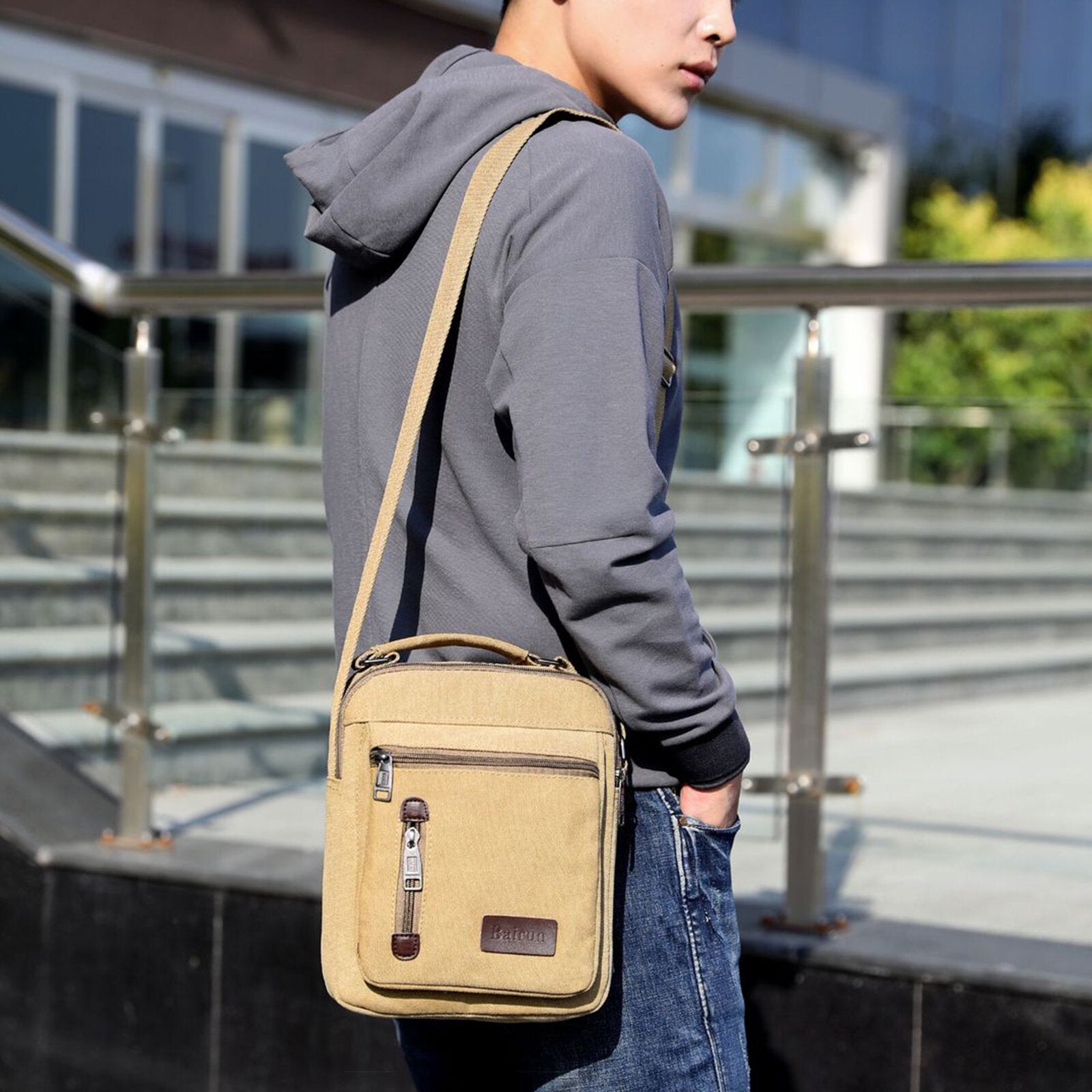 Men Canvas Casual Solid Color Crossbody Bag Large Capacity Multi-compartment Shoulder Crossbody Bag