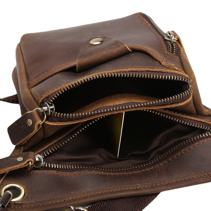 Men Retro Genuine Leather Multi-pocket Waist Bag Outdoor Sport 6.5 Inch Phone Bag Zipper Crossbody Bags Shoulder Bag