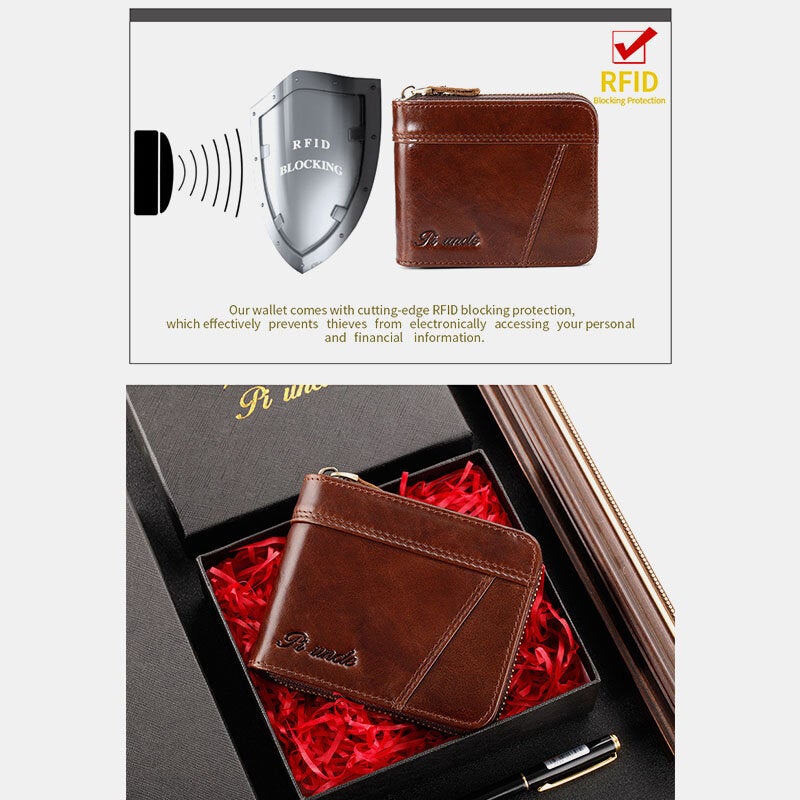 Men Genuine Leather Multifunction Anti-theft Swipe Card Coin Purse RFID Blocking Bifold Zipper Hasp Wallets Multi-card Slot Holder