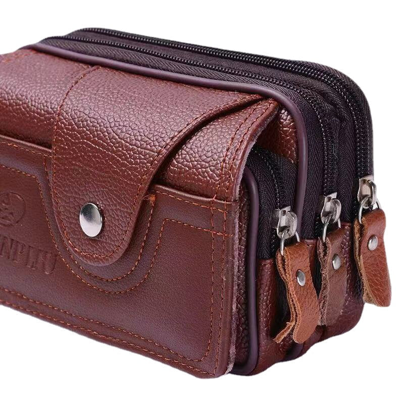 Men PU Leather Three-Layers Multifunction Waterproof Vintage Business 5.8 Inch Phone Bag Waist Bag