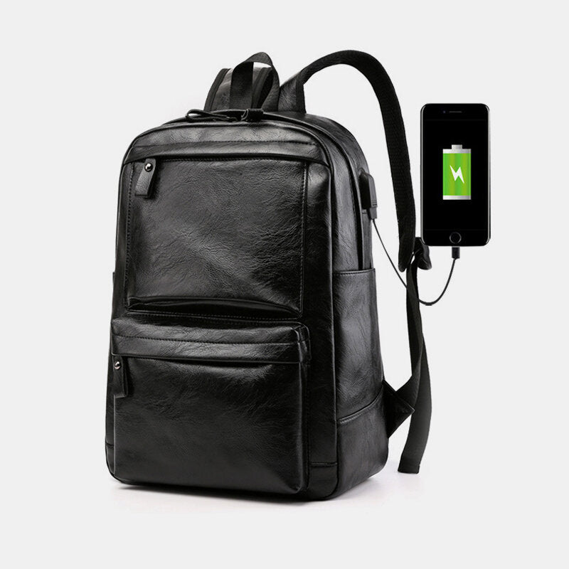 Men USB Charging Faux Leather Business Retro Large Capacity Waterproof 15.6 Inch Laptop Bag Backpack