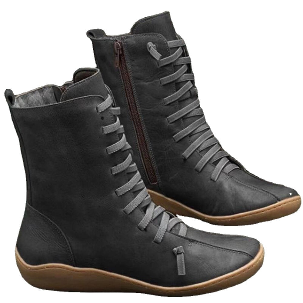 Women Old Fashion Pure Color Leather Mid-Calf Boots