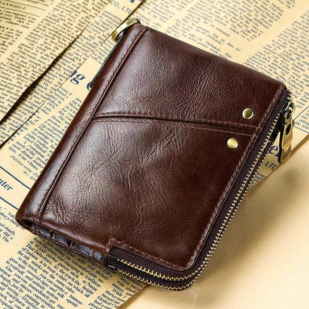 Men Genuine Leather Vinateg RFID Blocking Double Zipper Vertical Wallet