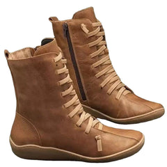 Women Old Fashion Pure Color Leather Mid-Calf Boots