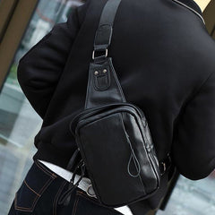 Men PU Casual Zipper Small Black Brown Blue Crossbody Shoulder Chest Bag