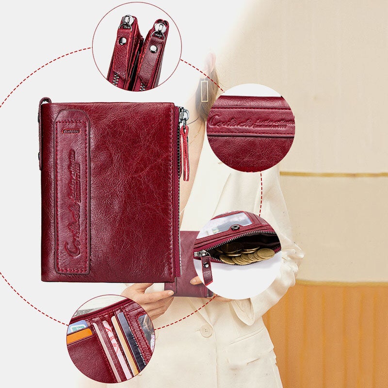 Genuine Leather Multifunction Multi-slot Double Zipper Casual Brief Solid Color Card Holder Wallet