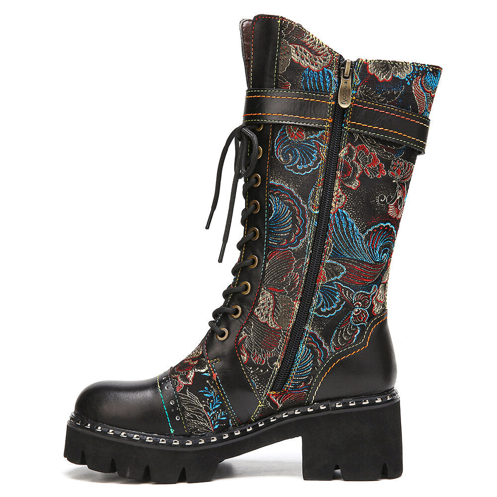 Retro Buckle Strap Decor Flowers Cloth Leather Splicing Comfy Wearable Fashion Mid-calf Boots