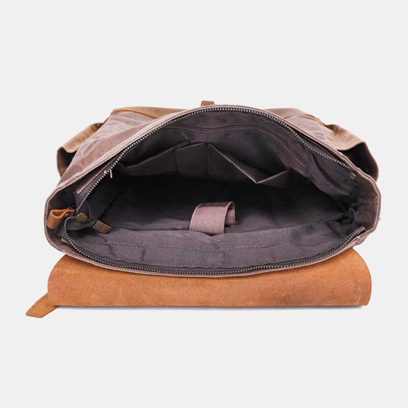 Men Oil Wax Canvas Multi-pocket Backpack Large Capacity Breathable Wear-resistant 14 Inch Laptop Bag