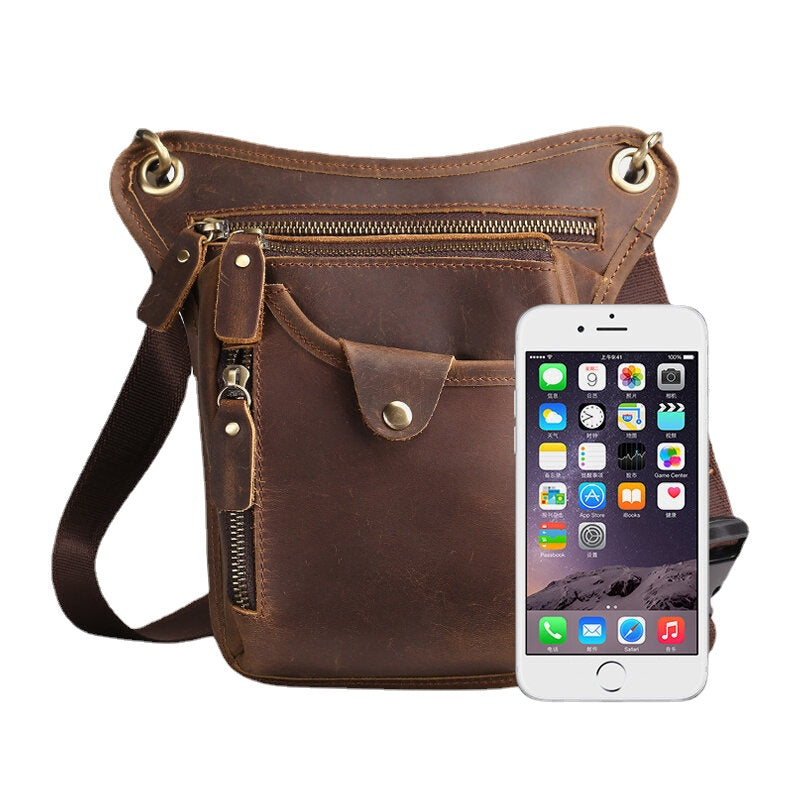 Men Retro Genuine Leather Multi-pocket Waist Bag Outdoor Sport 6.5 Inch Phone Bag Zipper Crossbody Bags Shoulder Bag