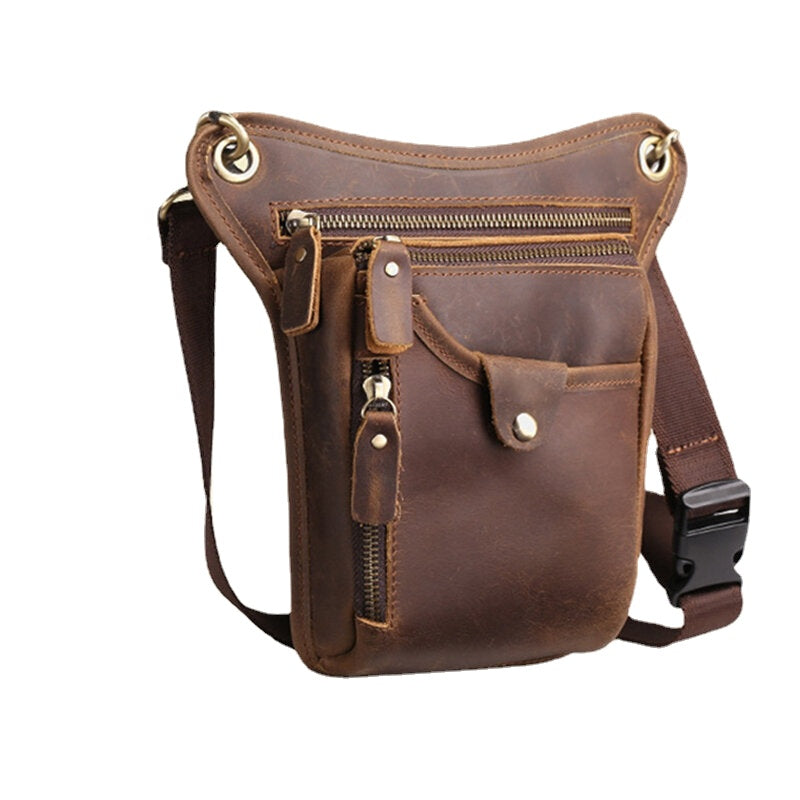 Men Retro Genuine Leather Multi-pocket Waist Bag Outdoor Sport 6.5 Inch Phone Bag Zipper Crossbody Bags Shoulder Bag