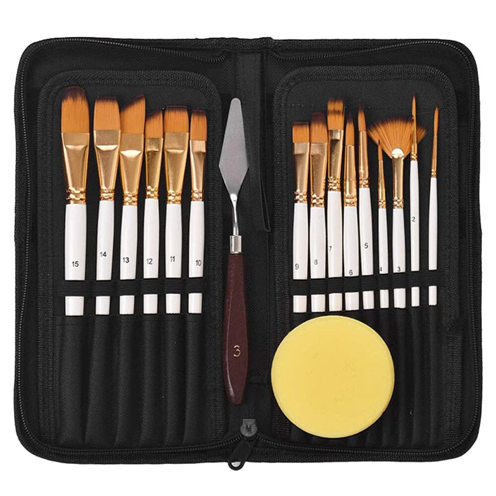 17Pcs Paint Brush Set Includes Pop-up Carrying Case with Palette Knife and 1 Sponges for Acrylic Oil Watercolor Gouache Painting