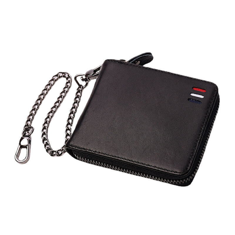 Men Genuine Leather Chain RFID Blocking Anti-theft Zipper Multi-slot Card Holder Wallet