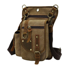 Men Genuine Leather And Canvas Cycling Outdoor Sport Leg Bag Waist Crossbody