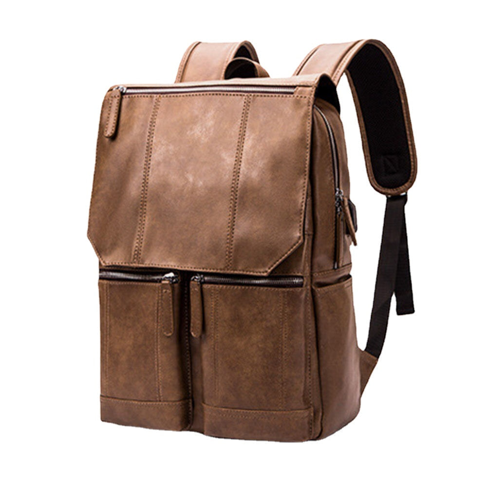 Men PU Leather Large Capacity Waterproof Backpack Vintage 15.6 Inch Laptop Bag Travel Bag