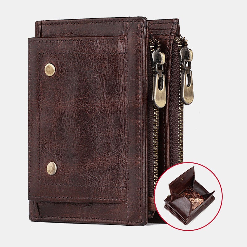 Men Genuine Leather RFID Anti-theft Double Zipper Retro Business Multi Card Slot Holder Wallet