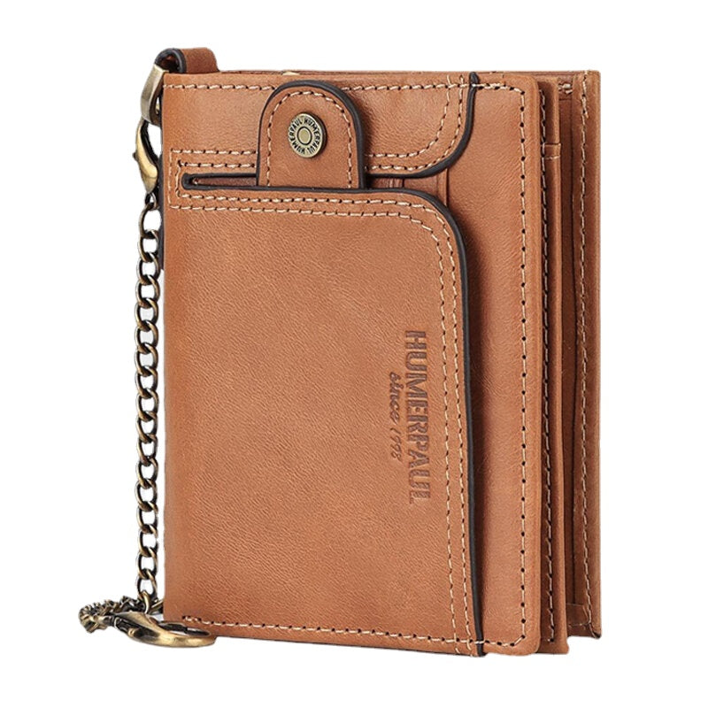 Men Genuine Leather RFID Anti-theft Zipper Multi-slot Card Holder Wallet With Chain