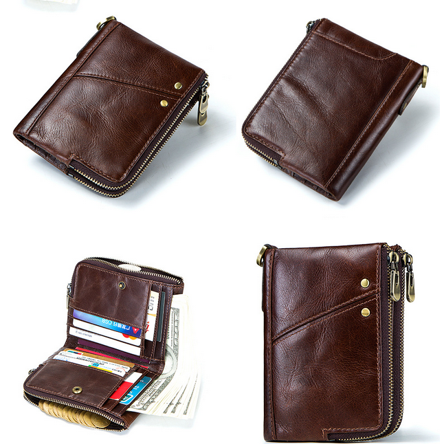 Men Genuine Leather Vinateg RFID Blocking Double Zipper Vertical Wallet