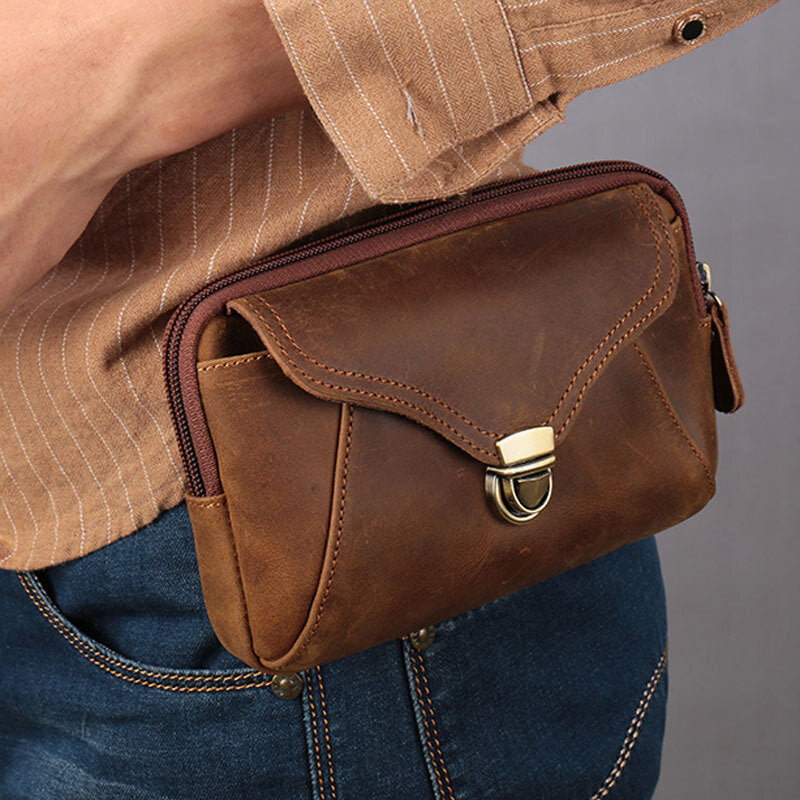 Men Genuine Leather Waterproof Large Capacity Phone Bag Cowhide Waist Packs Coin Purse