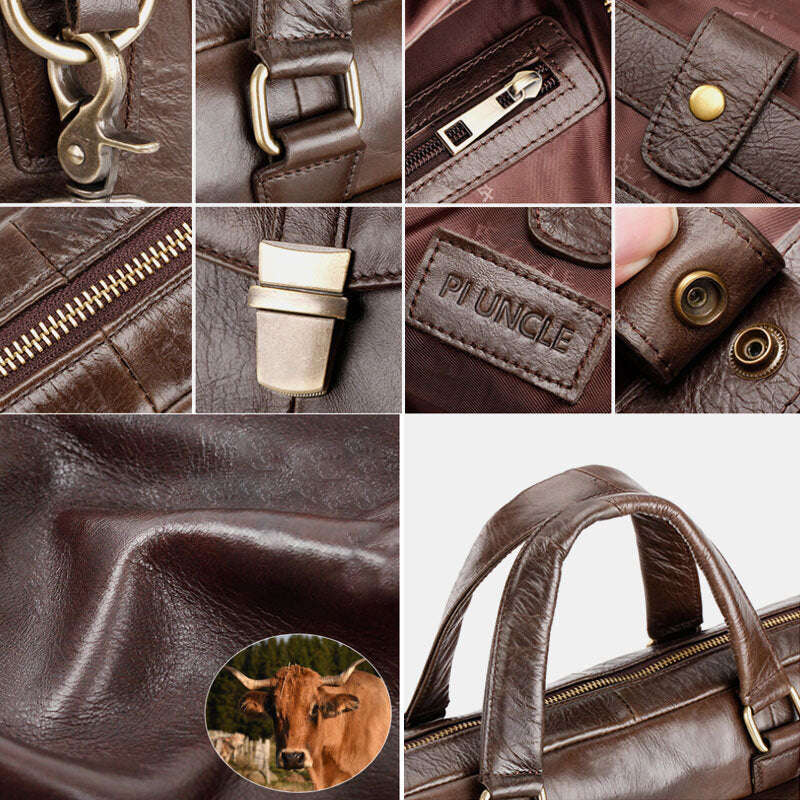 Men Genuine Leather Multi-function Retro Solid Color Large Capacity Handbag Shoulder Bag Cross Body Bag