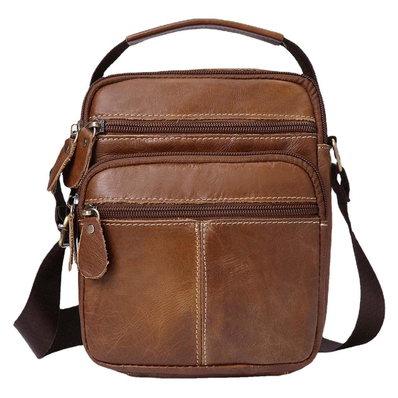 Men Genuine Leather Vintage Large Capactity Crossbody Bag Hard Wearing Fashion Zipper Design Shoulder Bag