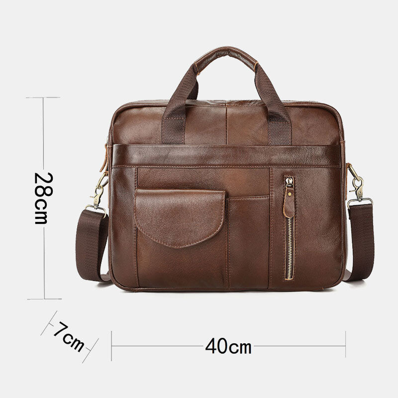 Men Genuine Leather Multi-pocket Vintage 14 Inch Laptop Bag Briefcases Crossbody Bag Shoulder Bag Handbag