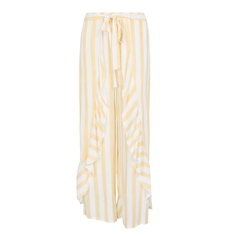 Stripe Split Wide Leg Pants Bottom Sash Ruffle High Waist Trousers For Women