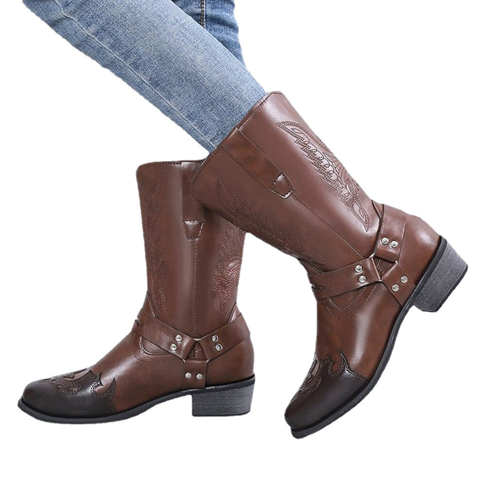 Women Retro Embroidery Leather England Style Pointy Toe Mid-calf Pull-on Casual Martin Knight Boots