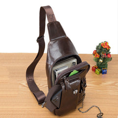 Men Multi-pocket Soft Leather Chest Bag Vintage Mobile Phone Holder Chain Crossbody Shoulder