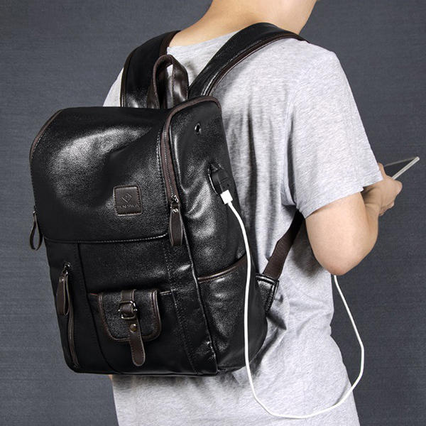 Men PU Leather Solid Vintage Large Capacity Backpack USB Charging Shoulder Bag