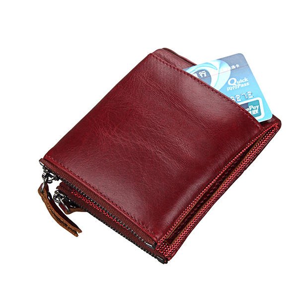 Men RFID Genuine Leather Short Double Zipper Wallet Card Holder Coin Bag