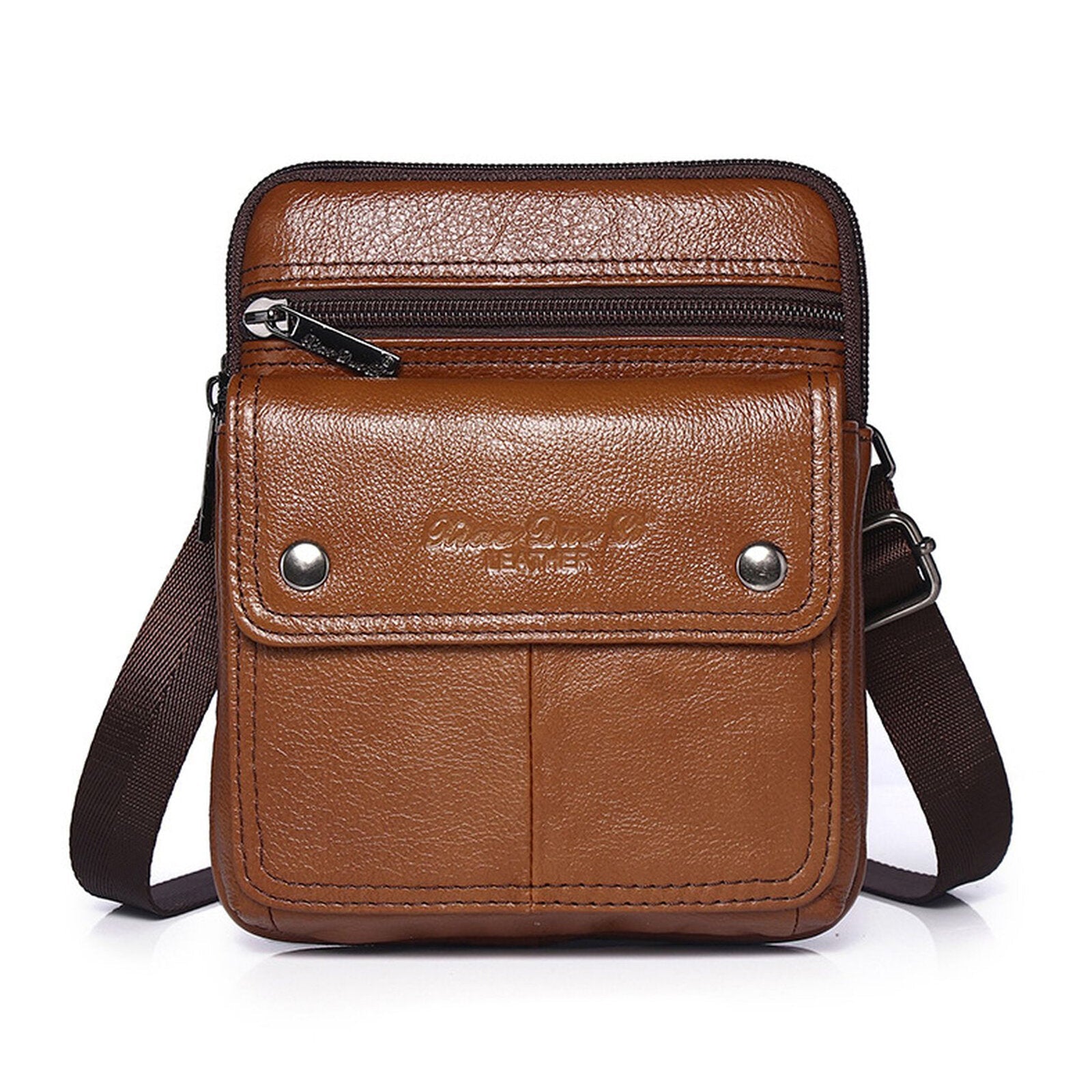 Men Cowhide Multi-compartment Zipper Shoulder Bag Crossbody Bag Outdoor Casual Vintage Messenger Bag