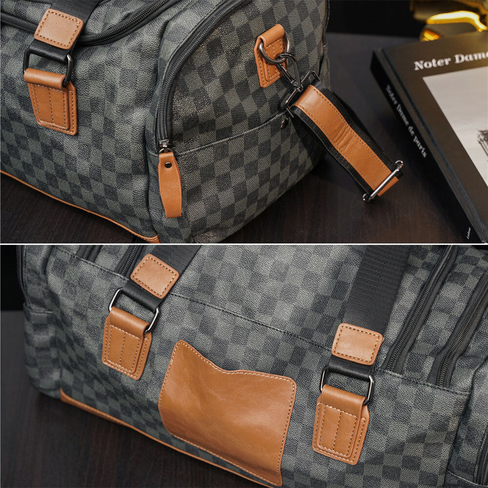 Men PU Leather Plaid Pattern Multifunction Handbag Fashion Multi-pocket Travel Bag Fitness Bag Crossbody Bag Shoulder Bag